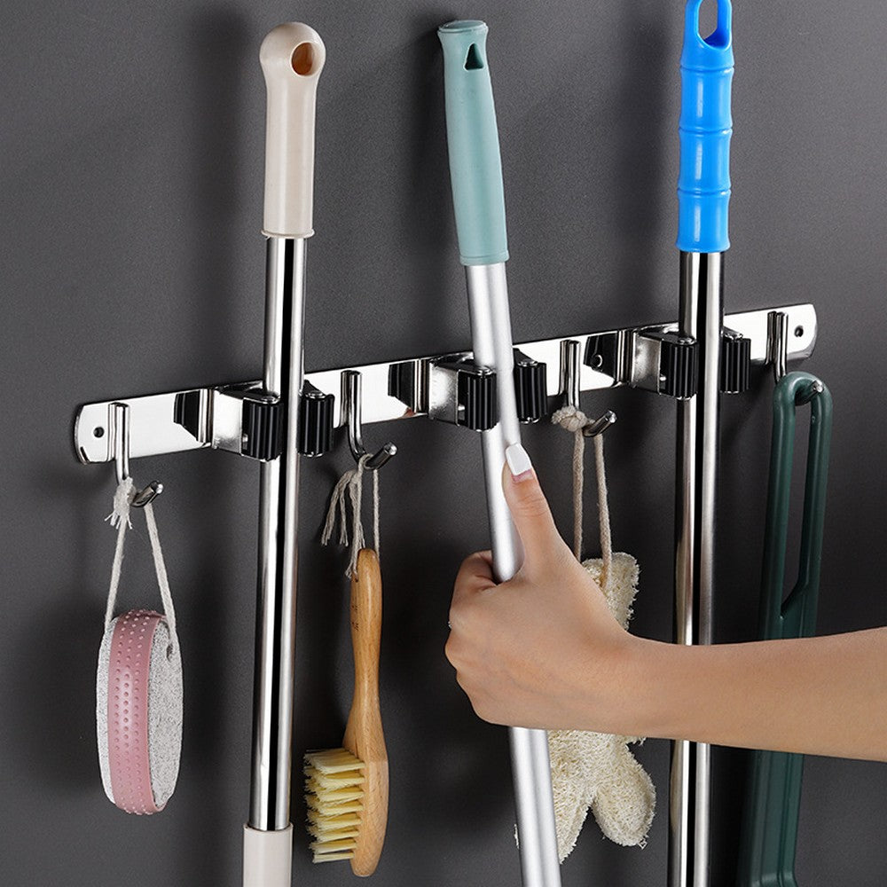 2 X Stainless Steel Wall Mounted Mop Holder Broom Rack Cleaning Tools Organizer Hanger Home Garage Storage Solutions with 3 Slots 4 Hooks