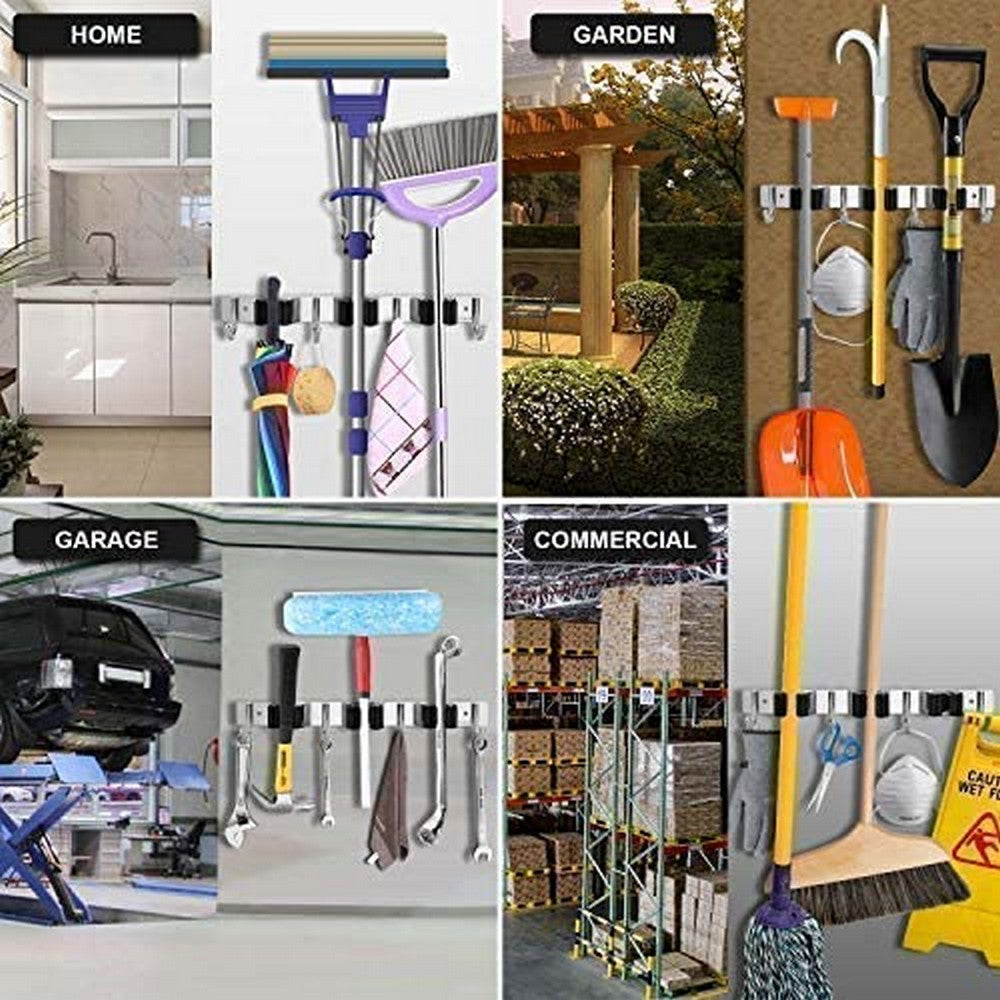 2 X Stainless Steel Wall Mounted Mop Holder Broom Rack Cleaning Tools Organizer Hanger Home Garage Storage Solutions with 3 Slots 4 Hooks