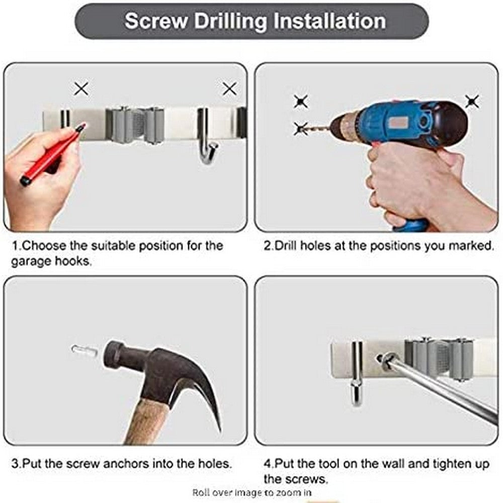 2 X Stainless Steel Wall Mounted Mop Holder Broom Rack Cleaning Tools Organizer Hanger Home Garage Storage Solutions with 3 Slots 4 Hooks