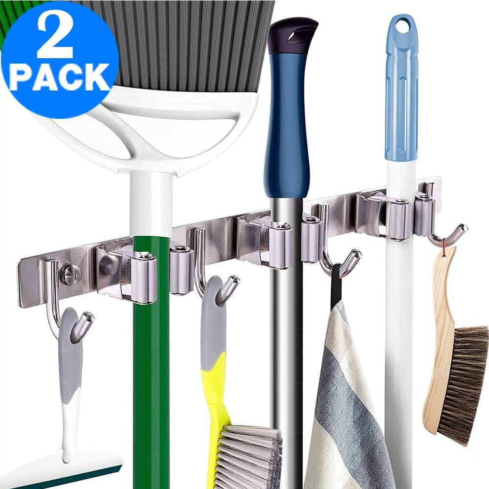 2 X Stainless Steel Wall Mounted Mop Holder Broom Rack Cleaning Tools Organizer Hanger Home Garage Storage Solutions with 3 Slots 4 Hooks