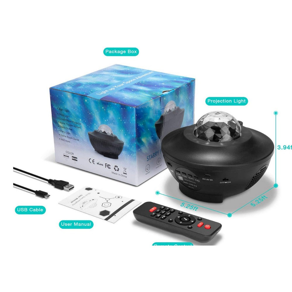 2 In 1 Remote Control Speaker LED Ocean Wave Night Light Star Projector Sound Motion Sensor Lamp Black