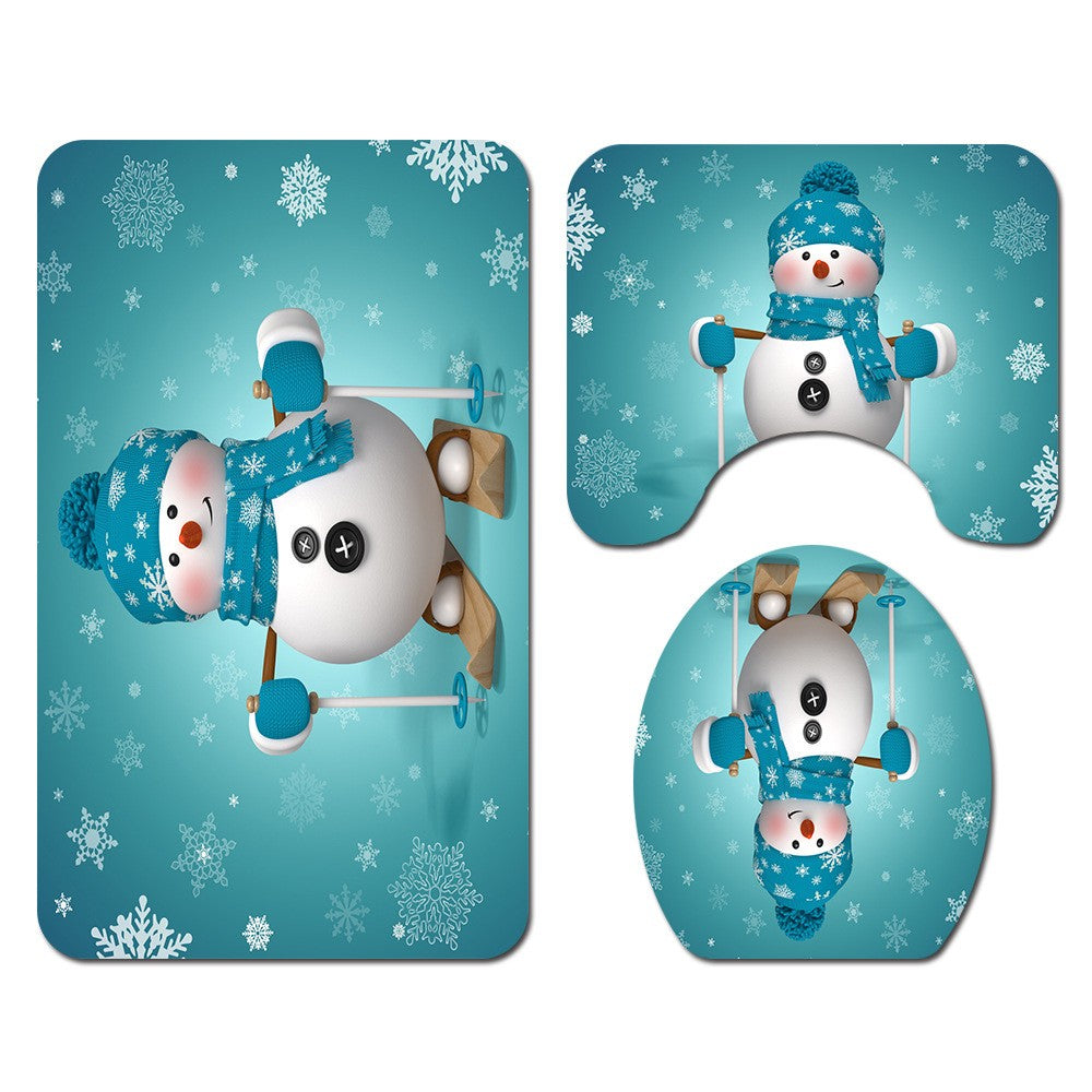 Christmas Printed Shower Curtain and Toilet Lid Cover and Bath Mat and Bathroom Rug Set Style 6