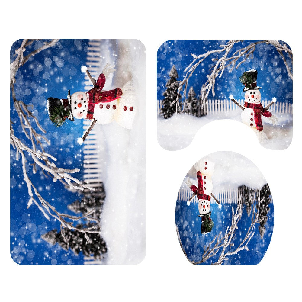 Christmas Printed Shower Curtain and Toilet Lid Cover and Bath Mat and Bathroom Rug Set Style 8