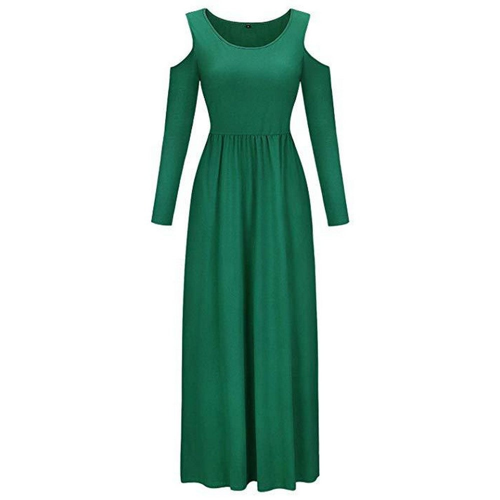 Womens Summer Solid Color Long Sleeve Cold Shoulder Maxi Dress with Pocket