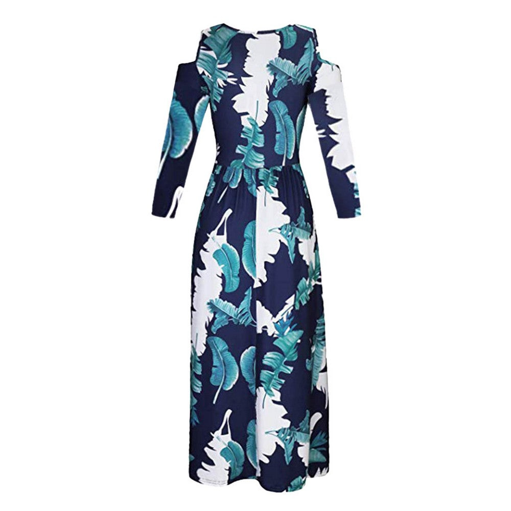 Womens Summer Full Floral Printed Long Sleeve Cold Shoulder Maxi Dress with Pocket Blue