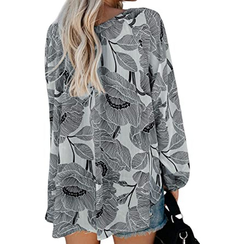 Womens Casual Boho Floral Print V Neck Long Sleeve Shirts Tops Loose Blouses Style 2