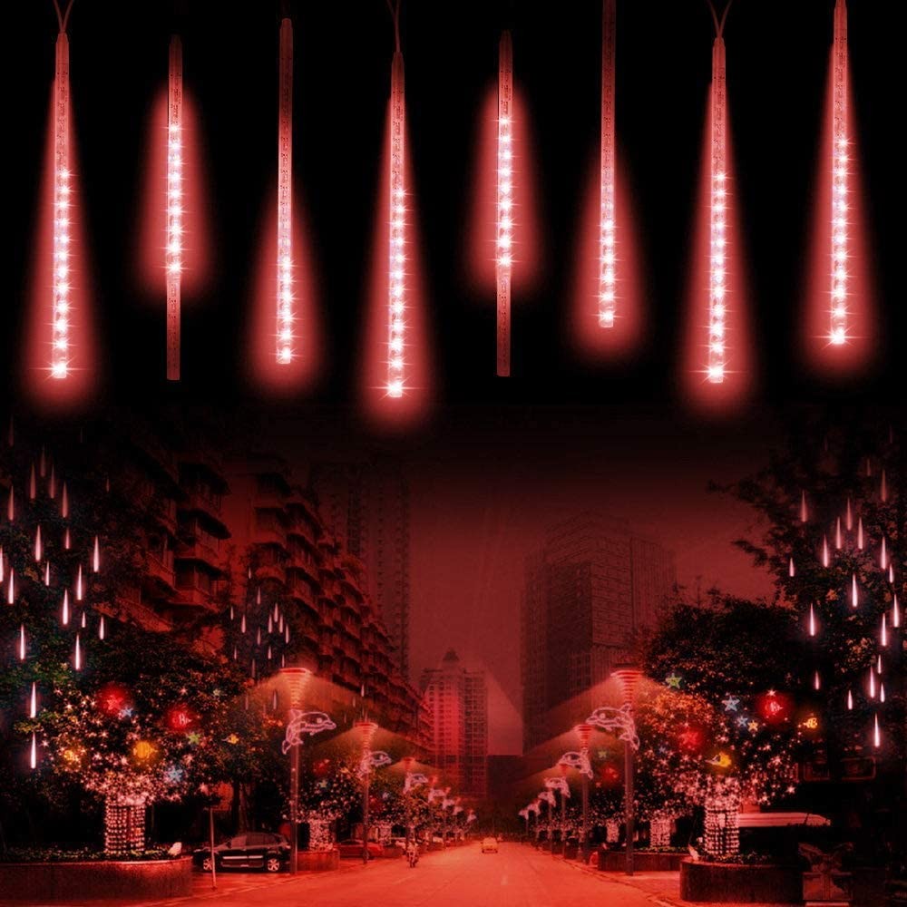 10 Tube 360 LEDs Solar Powered Lights Christmas Decoration Lamps Meteor Shower Rain Lights for Christmas Holiday Party Home Patio Party Red