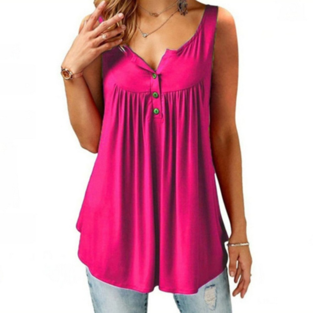 Women Casual Solid Colour Sleeveless Button Up Shirts Loose Tops