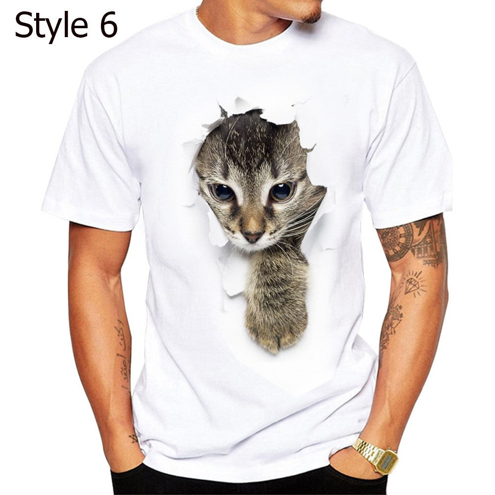 Men 3D Cat Print Tee Cute Round Neck Short Sleeve T Shirt