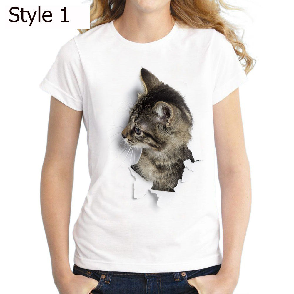 Women 3D Cat Print Tee Cute Round Neck Short Sleeve T Shirt