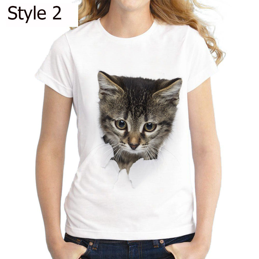 Women 3D Cat Print Tee Cute Round Neck Short Sleeve T Shirt