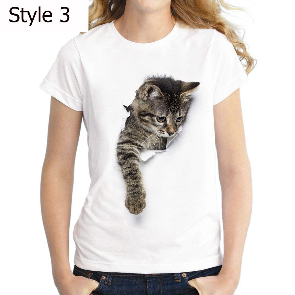 Women 3D Cat Print Tee Cute Round Neck Short Sleeve T Shirt