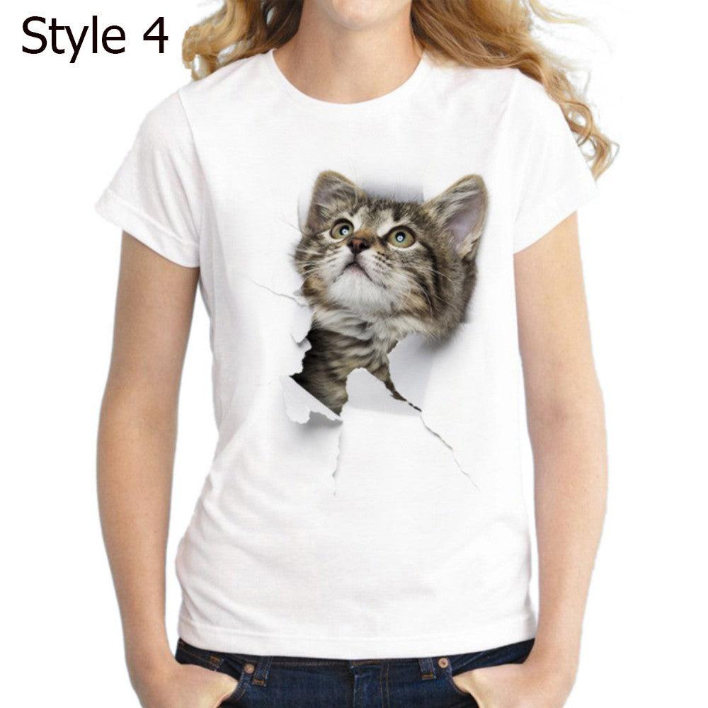 Women 3D Cat Print Tee Cute Round Neck Short Sleeve T Shirt