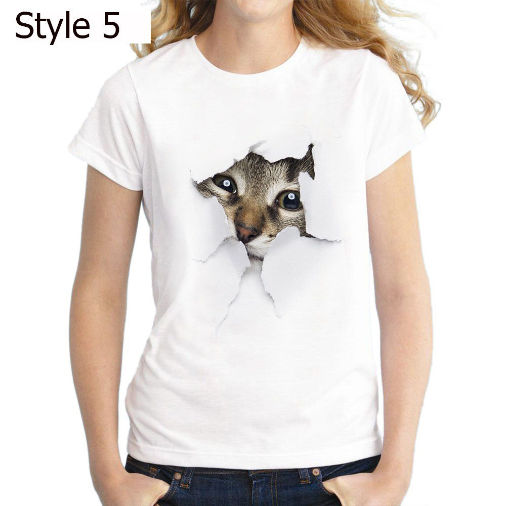 Women 3D Cat Print Tee Cute Round Neck Short Sleeve T Shirt