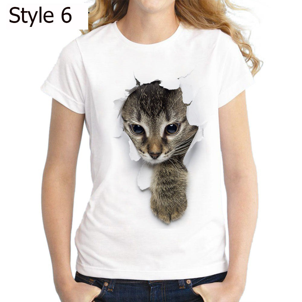Women 3D Cat Print Tee Cute Round Neck Short Sleeve T Shirt
