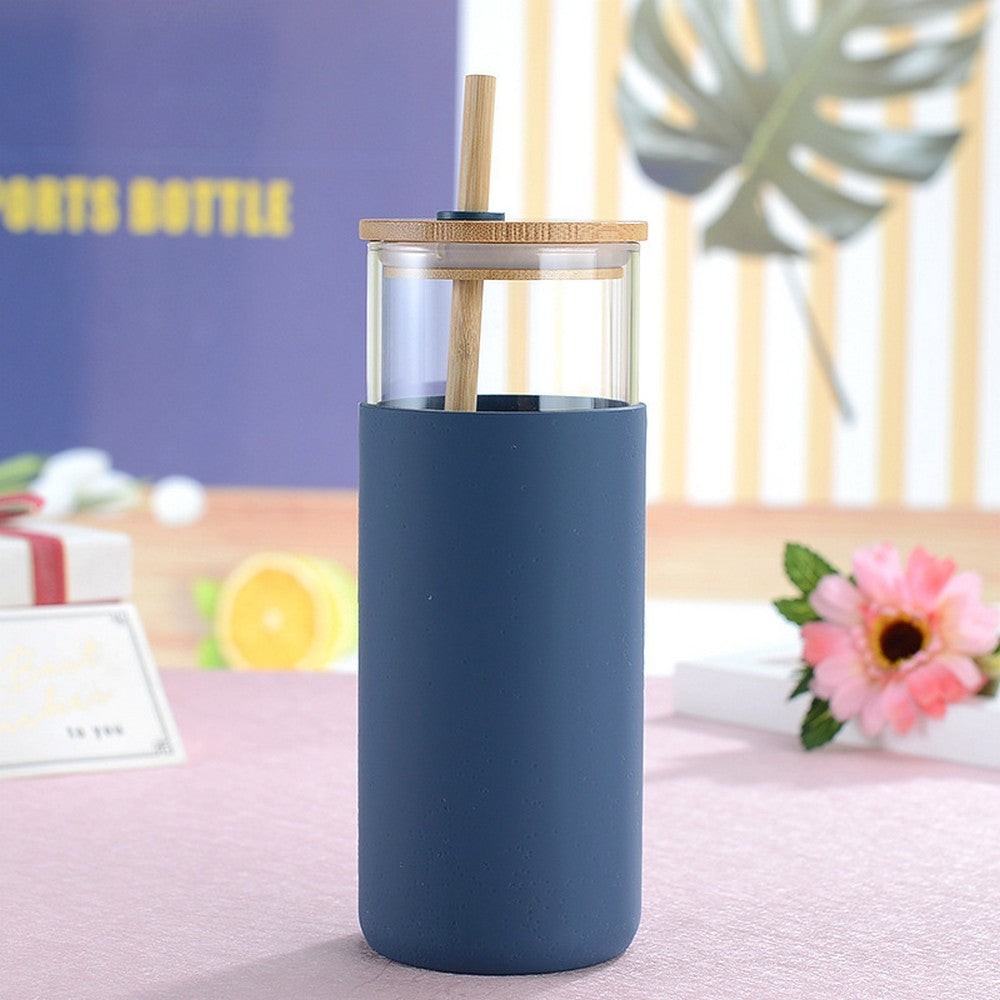 2 X Glass Tumbler Glass Water Bottle with Silicone Protective Sleeve Straw and Lid