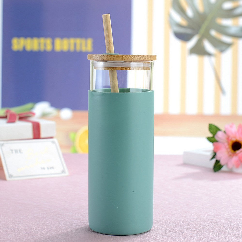 2 X Glass Tumbler Glass Water Bottle with Silicone Protective Sleeve Straw and Lid