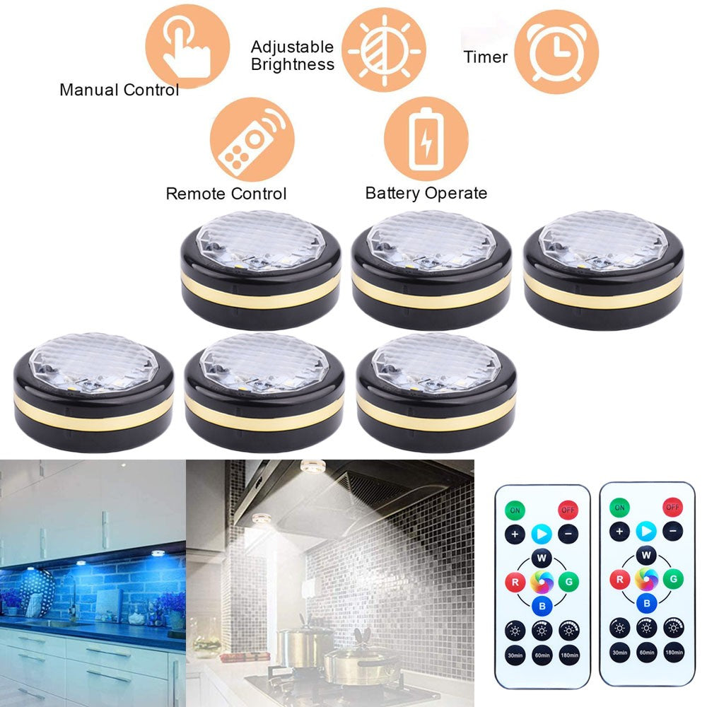 6 Pieces Wireless LED Puck Lights Multicolour Battery Operated Closet Light Cabinet Lamp Puck Light with 2 Remote Control