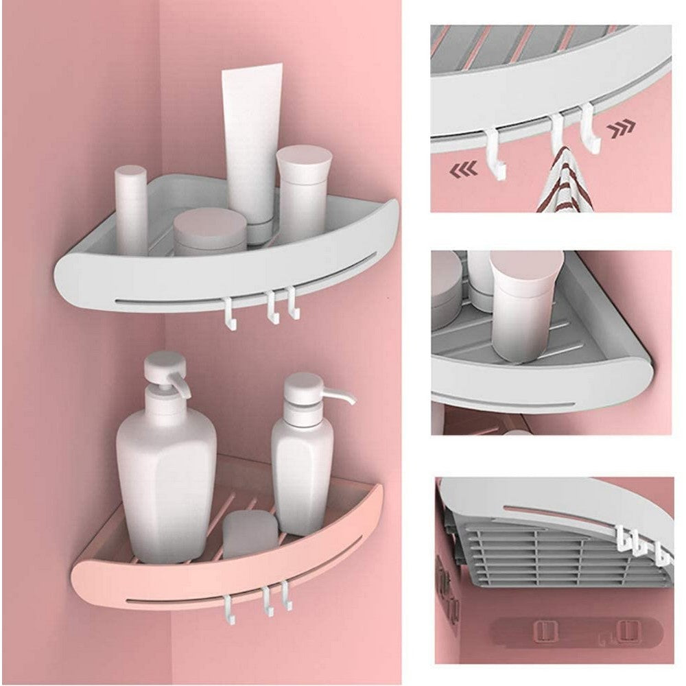 2 X Home Kitchen Bathroom Corner Storage Shelf with 6 Hooks