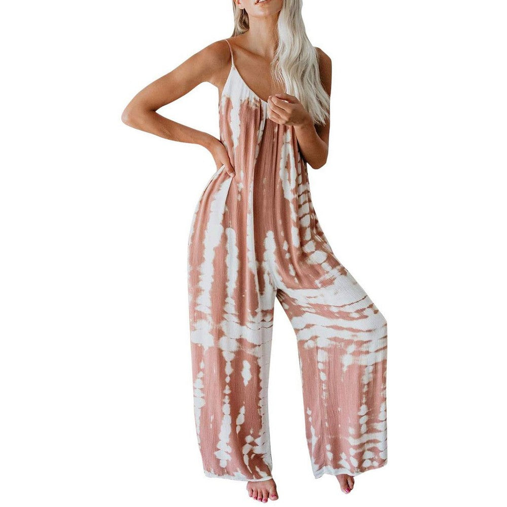 Women's Loose Dye Sleeveless Spaghetti Straps Jumpsuit Wide Leg Pants Rompers