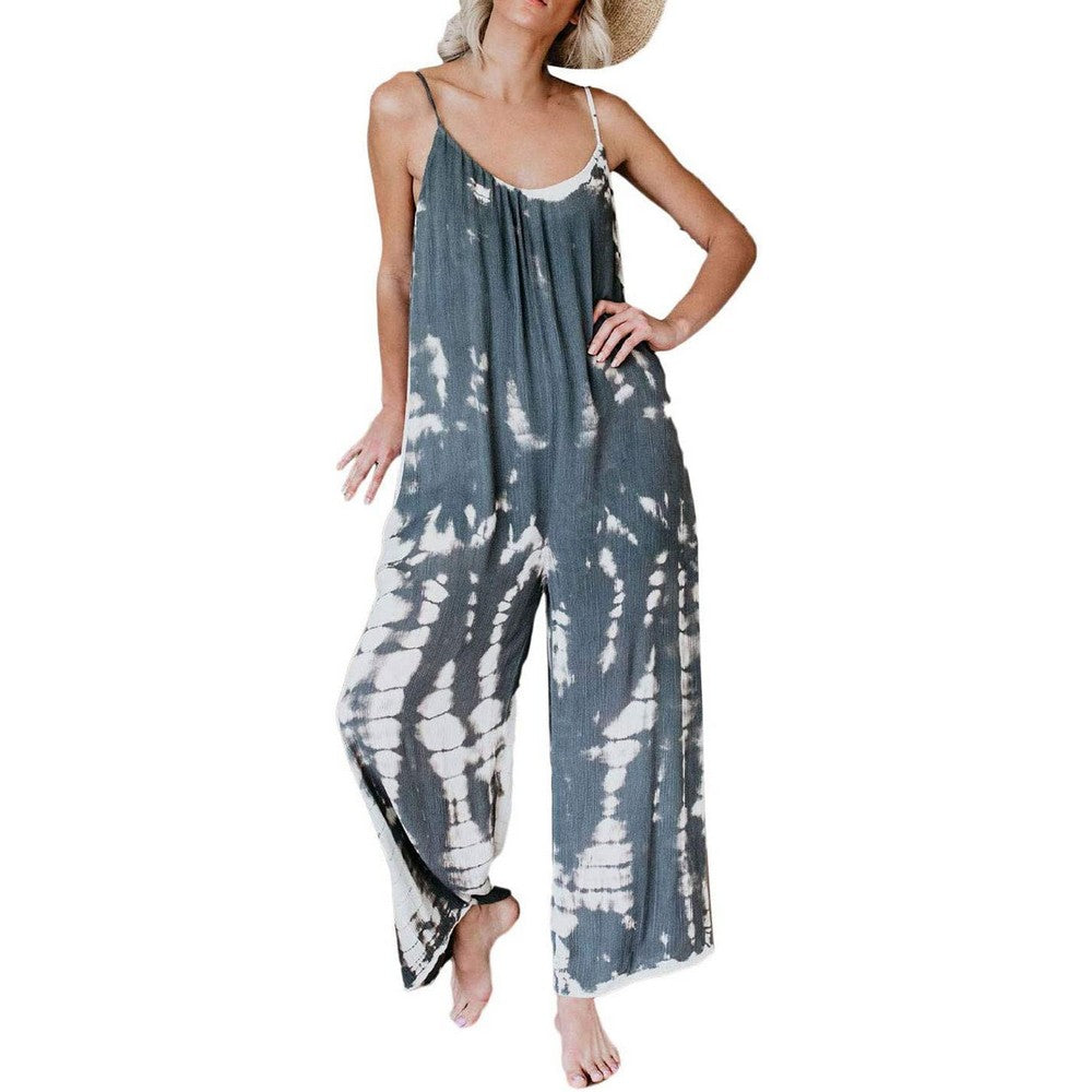 Women's Loose Dye Sleeveless Spaghetti Straps Jumpsuit Wide Leg Pants Rompers