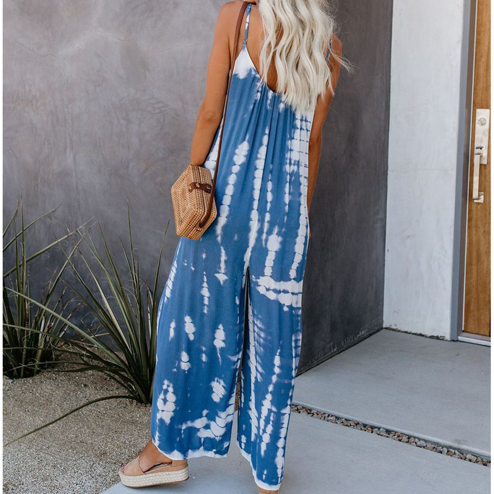 Women's Loose Dye Sleeveless Spaghetti Straps Jumpsuit Wide Leg Pants Rompers