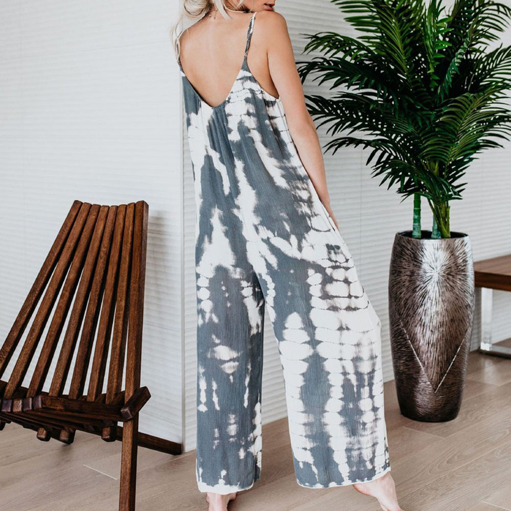 Women's Loose Dye Sleeveless Spaghetti Straps Jumpsuit Wide Leg Pants Rompers