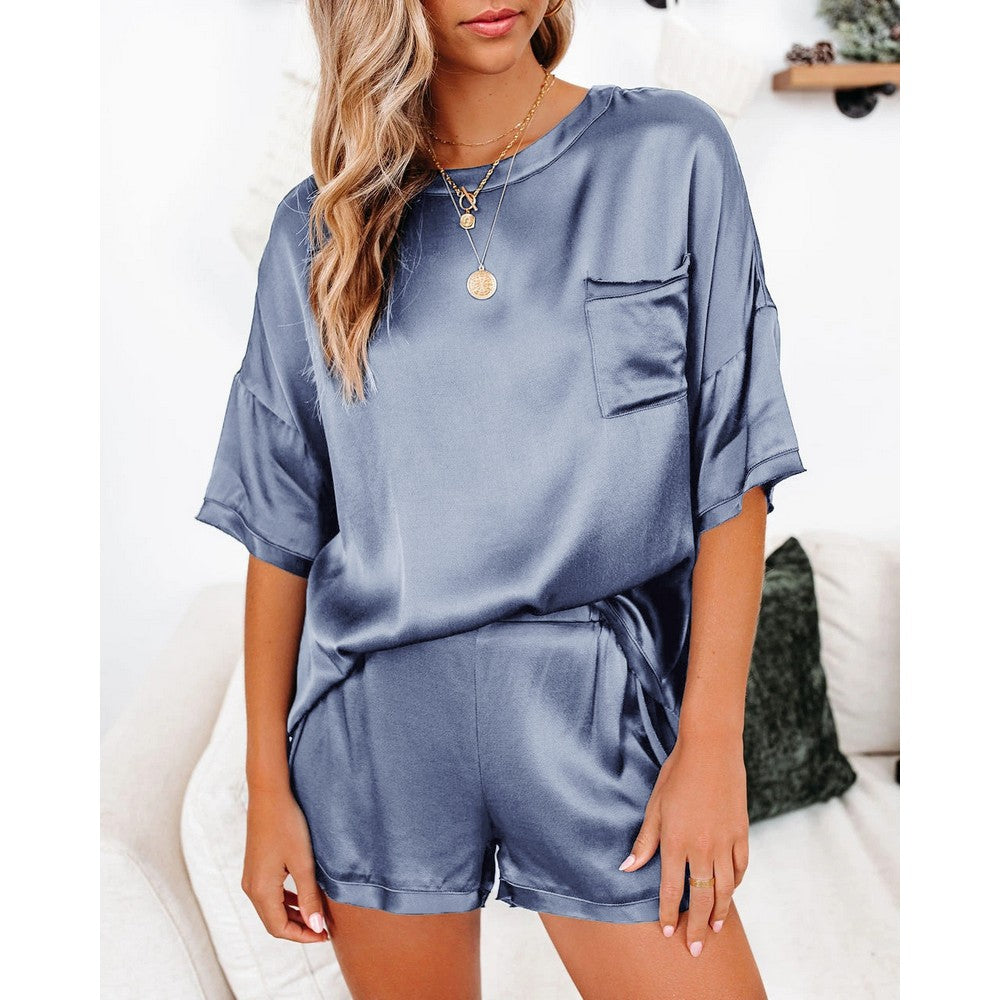 Satin Pajamas Pocket Short Sleeves Shirt Top Shorts Set 2 Pieces Sleepwear Set