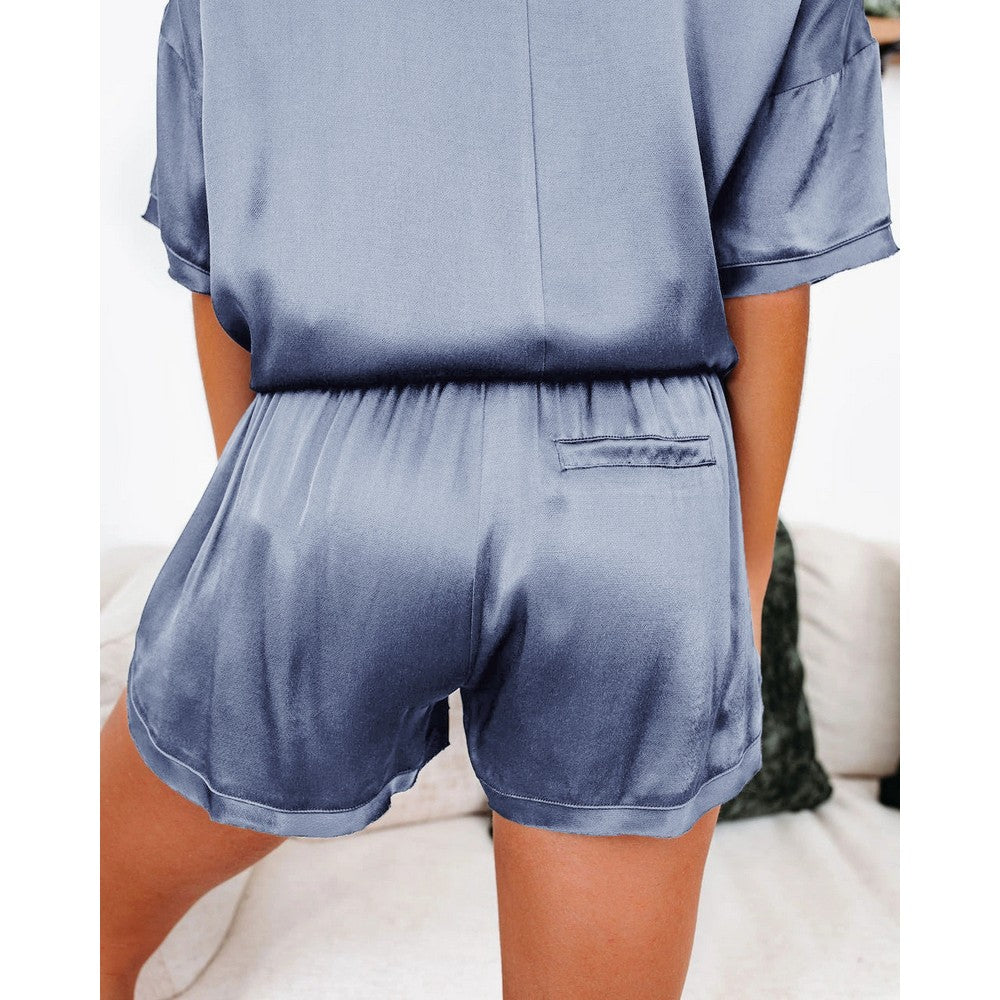 Satin Pajamas Pocket Short Sleeves Shirt Top Shorts Set 2 Pieces Sleepwear Set