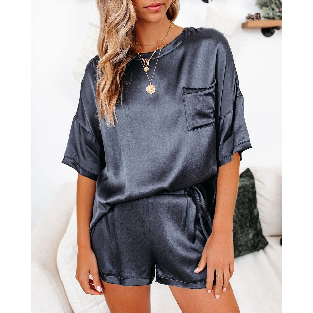 Satin Pajamas Pocket Short Sleeves Shirt Top Shorts Set 2 Pieces Sleepwear Set