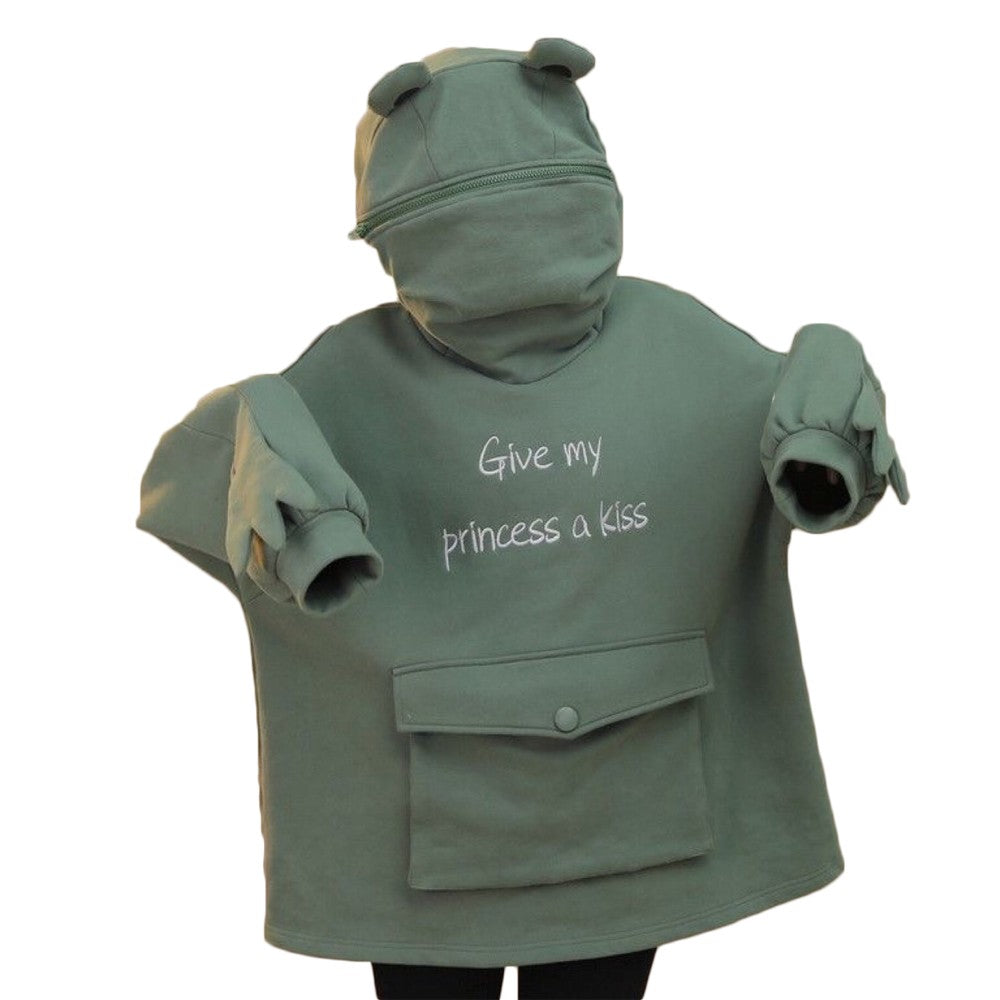 Cute Frog GIVE MY PRINCESS A KISS Letter Pullover Oversized Loose Hoodie with Front Envelope Pocket