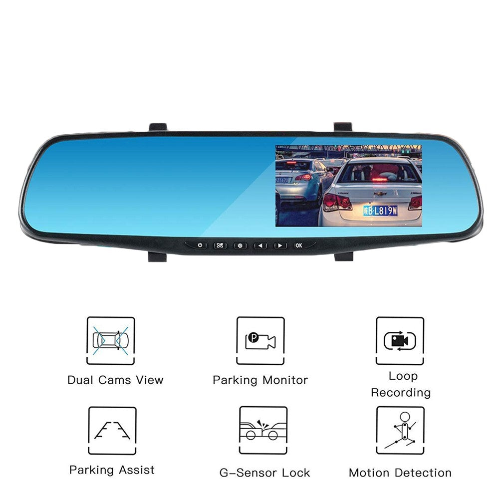 Full HD 1080P Car Rearview Anti Glare Blue Mirror Dash Cam Dual Lens Car Camera NOT Touchscreen with Night Vision Loop Recording WITHOUT SD CARD