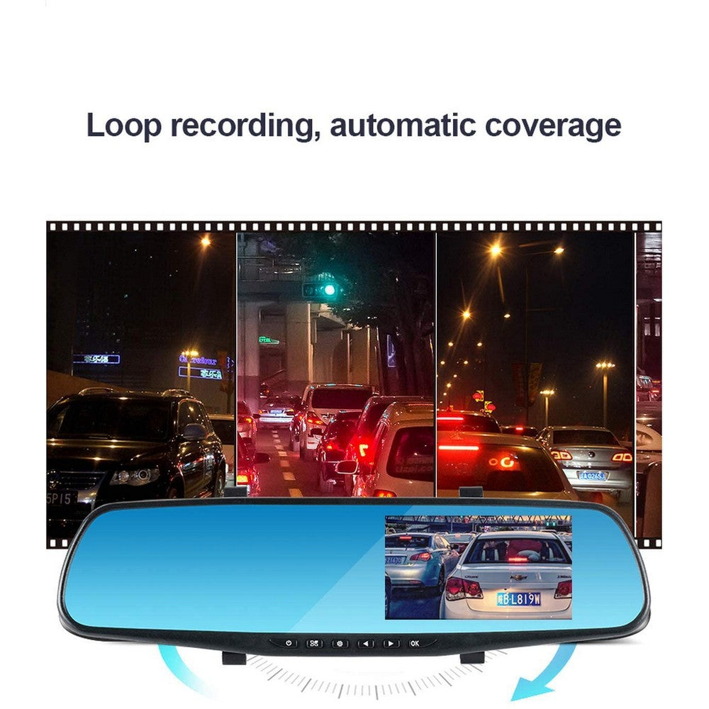 Full HD 1080P Car Rearview Anti Glare Blue Mirror Dash Cam Dual Lens Car Camera NOT Touchscreen with Night Vision Loop Recording WITHOUT SD CARD