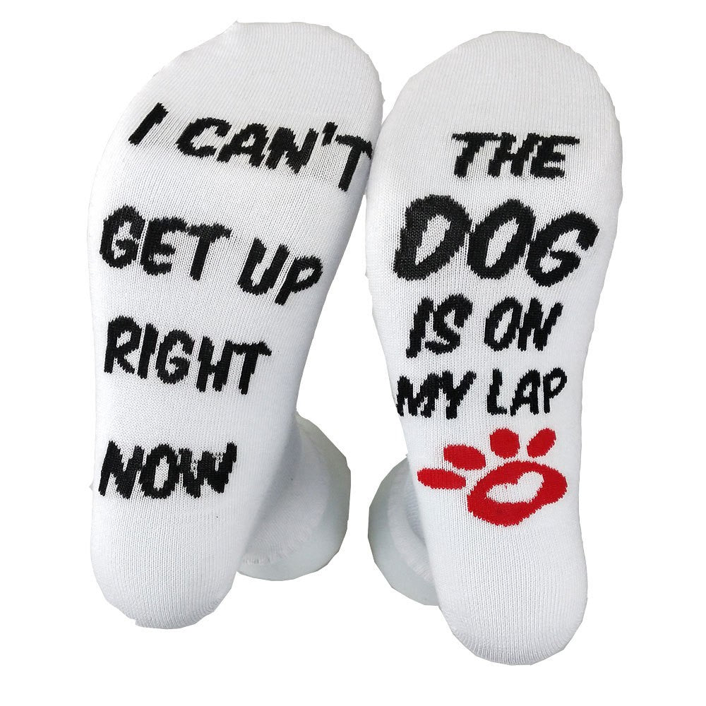 4 Pairs of Unisex Funny and Novelty Socks I CANT GET UP RIGHT NOW THE DOG CAT IS ON MY LAP Socks for Dog Lovers Cat Lovers for Friend Christmas New Year