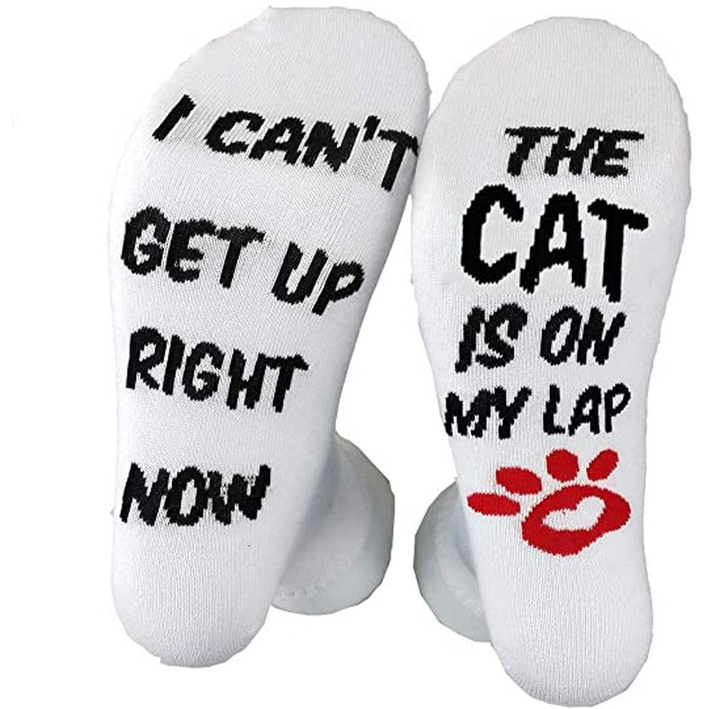 4 Pairs of Unisex Funny and Novelty Socks I CANT GET UP RIGHT NOW THE DOG CAT IS ON MY LAP Socks for Dog Lovers Cat Lovers for Friend Christmas New Year