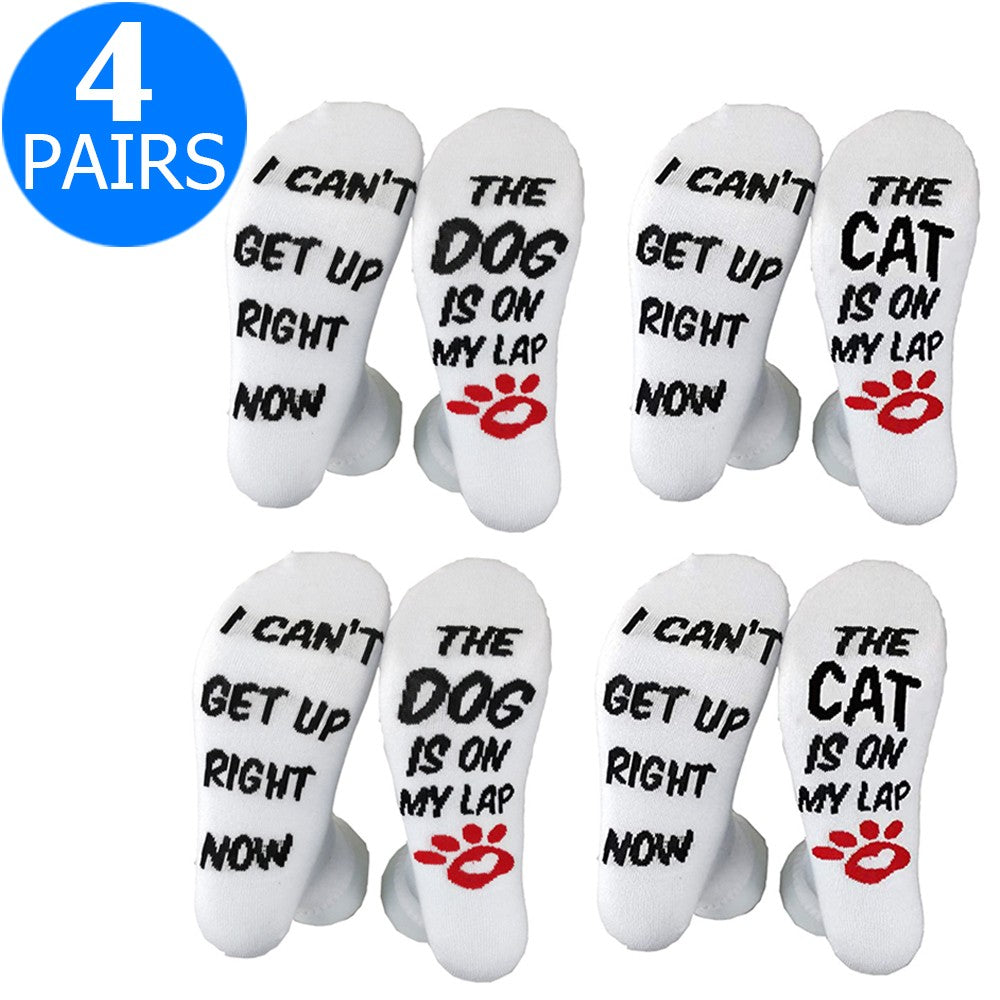 4 Pairs of Unisex Funny and Novelty Socks I CANT GET UP RIGHT NOW THE DOG CAT IS ON MY LAP Socks for Dog Lovers Cat Lovers for Friend Christmas New Year