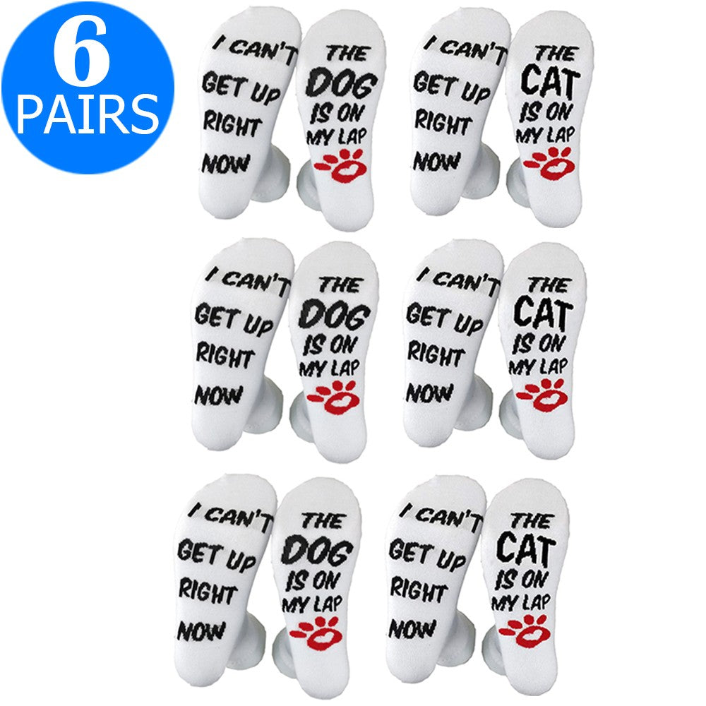 6 Pairs of Unisex Funny and Novelty Socks I CANT GET UP RIGHT NOW THE DOG CAT IS ON MY LAP Socks for Dog Lovers Cat Lovers for Friend Christmas New Year