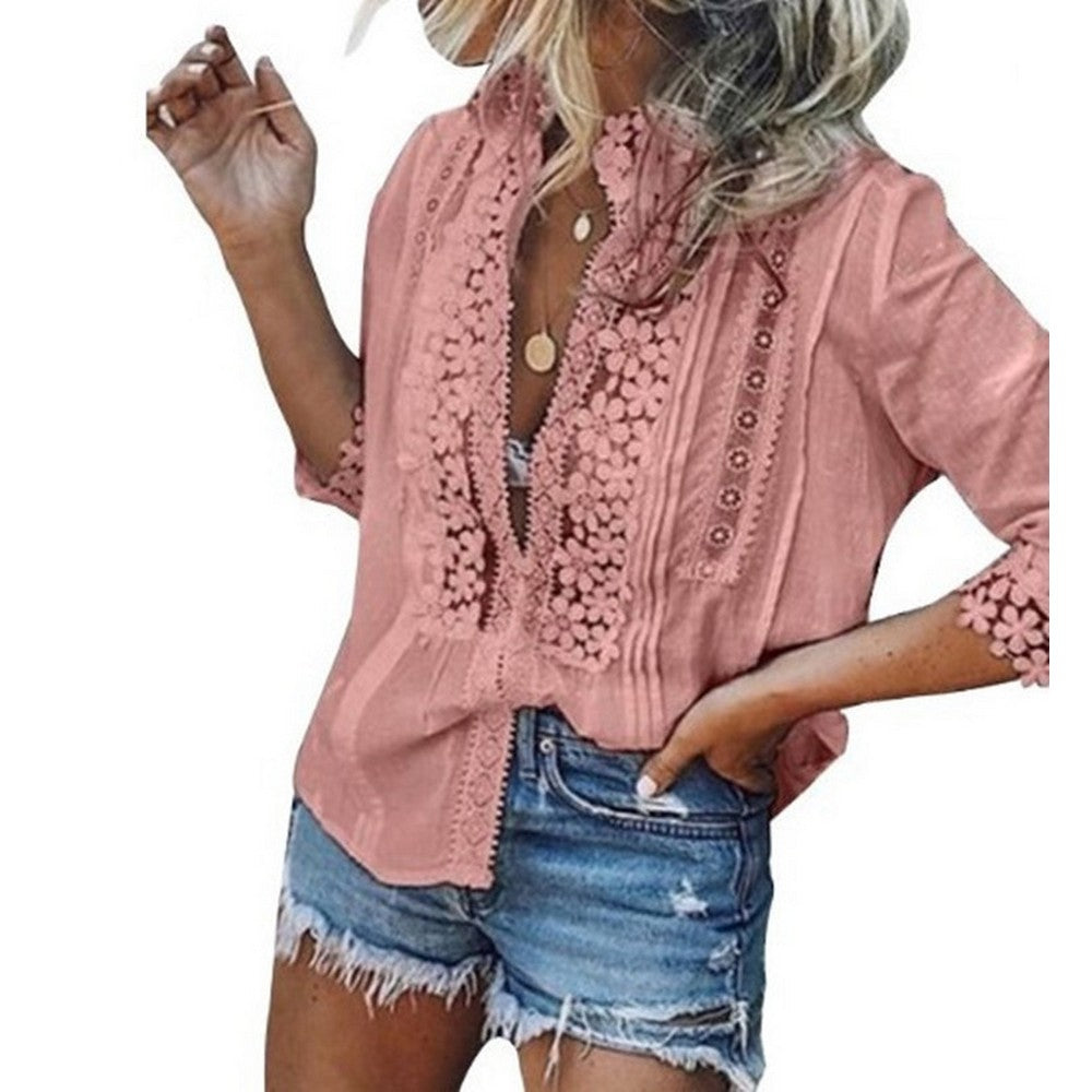 Womens V Neck Lace Casual Button T Shirts Blouses Tops