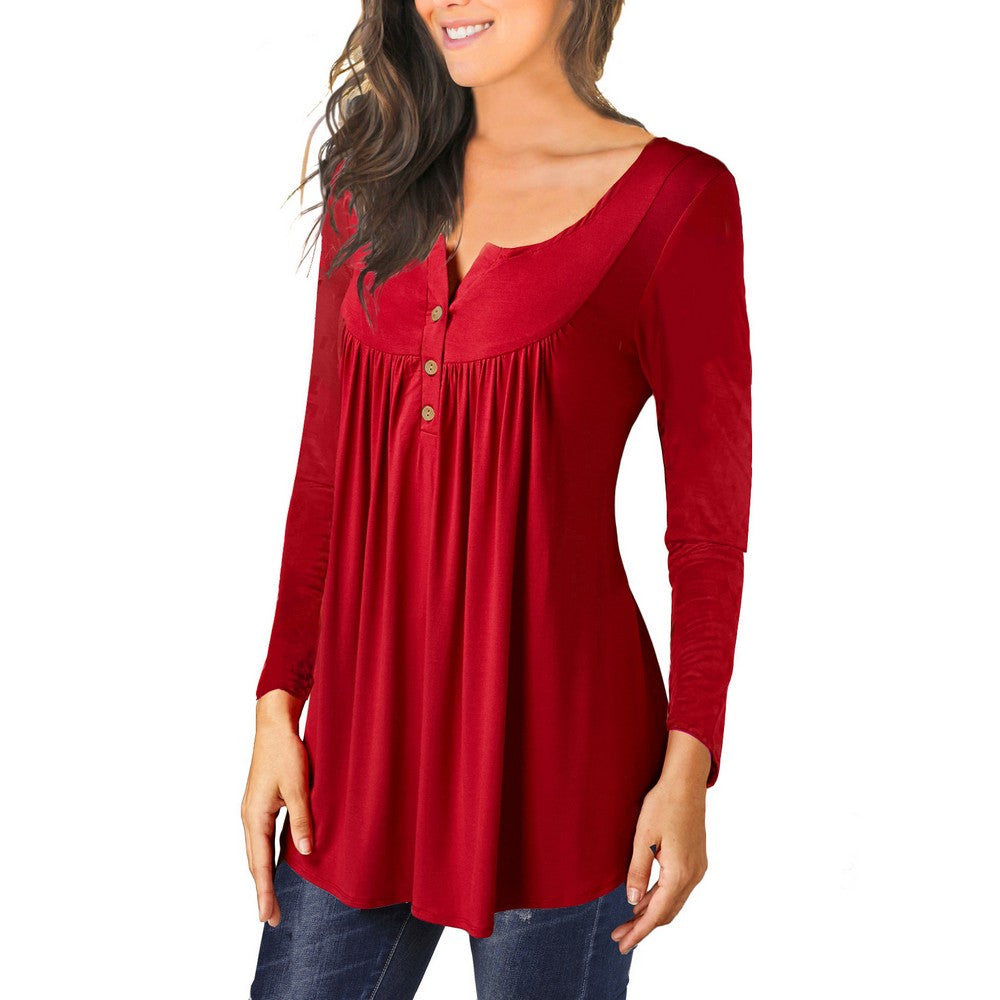 Womens Plus Size Pleated Tunic Tops Buttons Up Long Sleeve Shirts Blouses