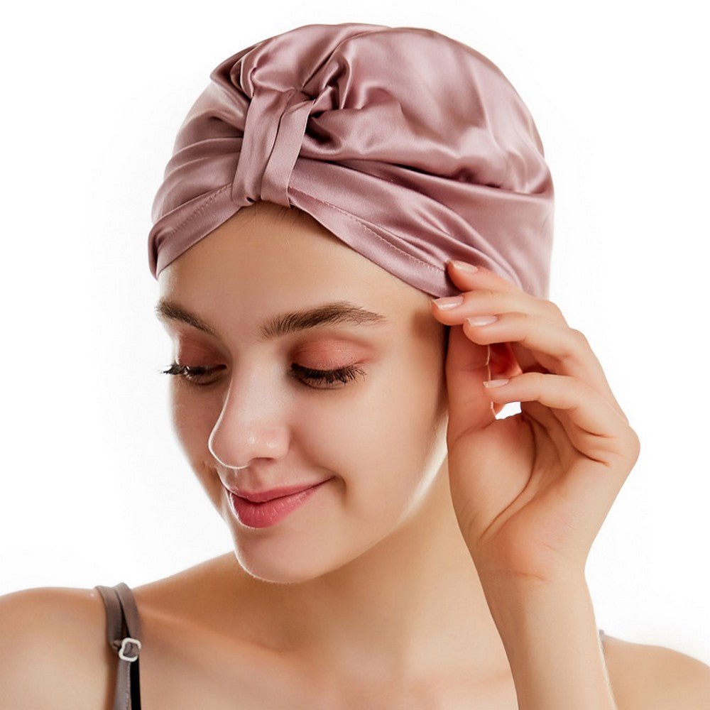 Women Silk Turban Tied Knot Fashion Pleated Turban Cap Beanie Headwrap Sleep Hat Pink