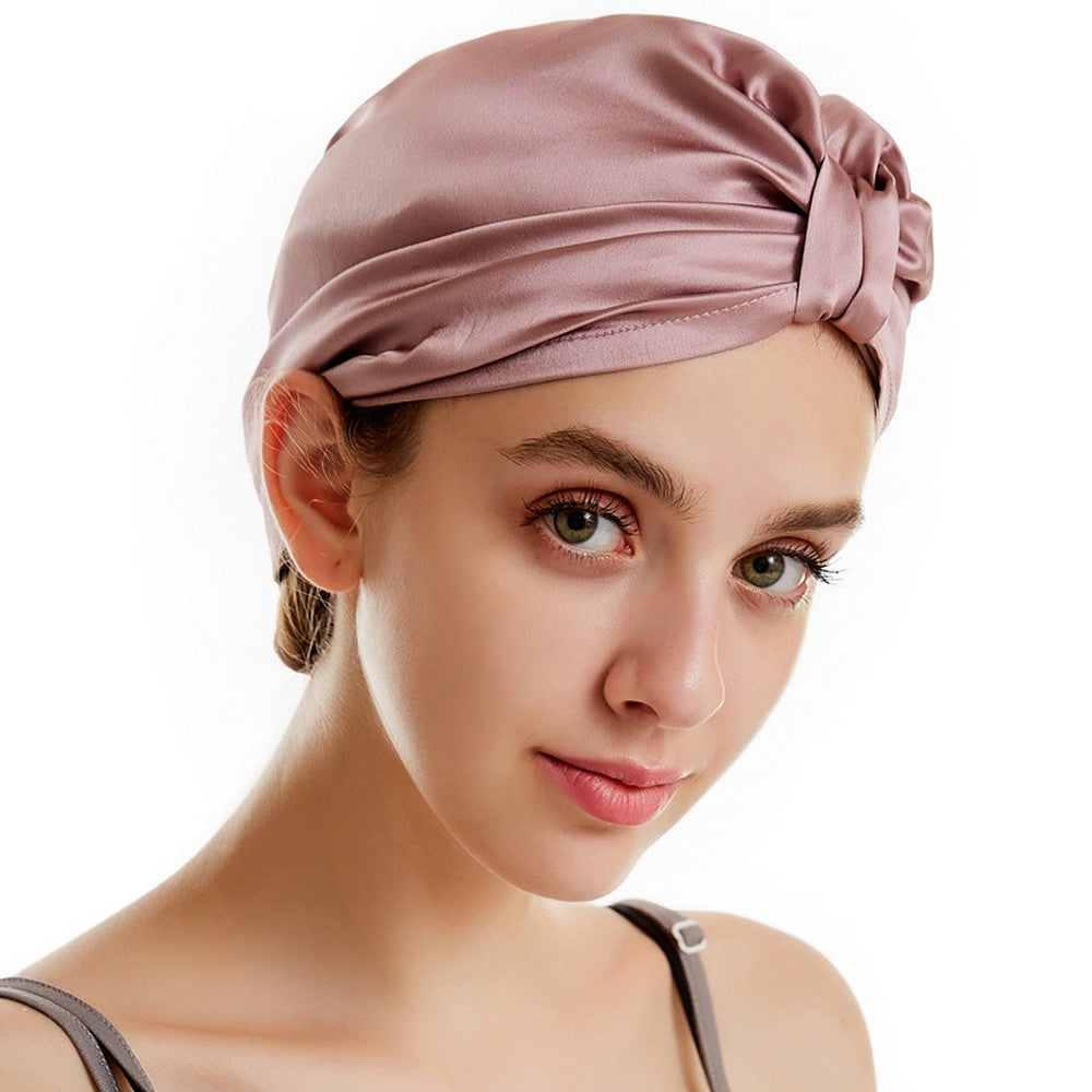 Women Silk Turban Tied Knot Fashion Pleated Turban Cap Beanie Headwrap Sleep Hat Pink