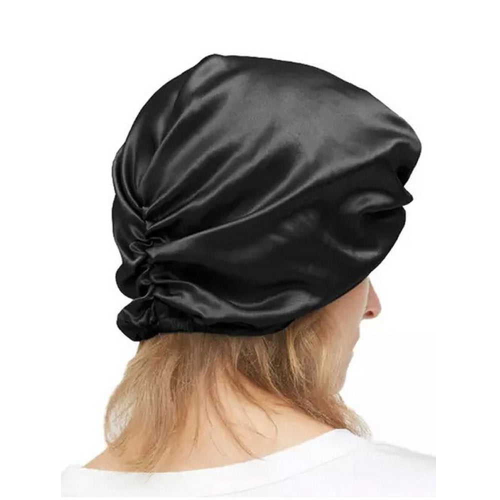 Women Silk Turban Tied Knot Fashion Pleated Turban Cap Beanie Headwrap Sleep Hat Black