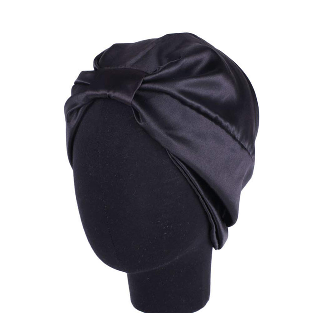 Women Silk Turban Tied Knot Fashion Pleated Turban Cap Beanie Headwrap Sleep Hat Black