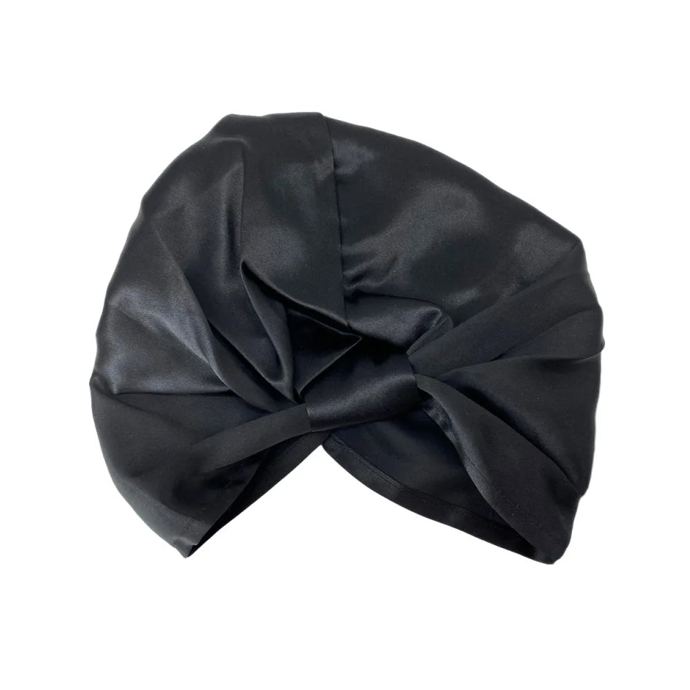 Women Silk Turban Tied Knot Fashion Pleated Turban Cap Beanie Headwrap Sleep Hat Black
