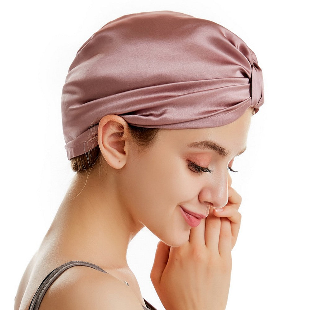 Women Silk Turban Tied Knot Fashion Pleated Turban Cap Beanie Headwrap Sleep Hat Pink