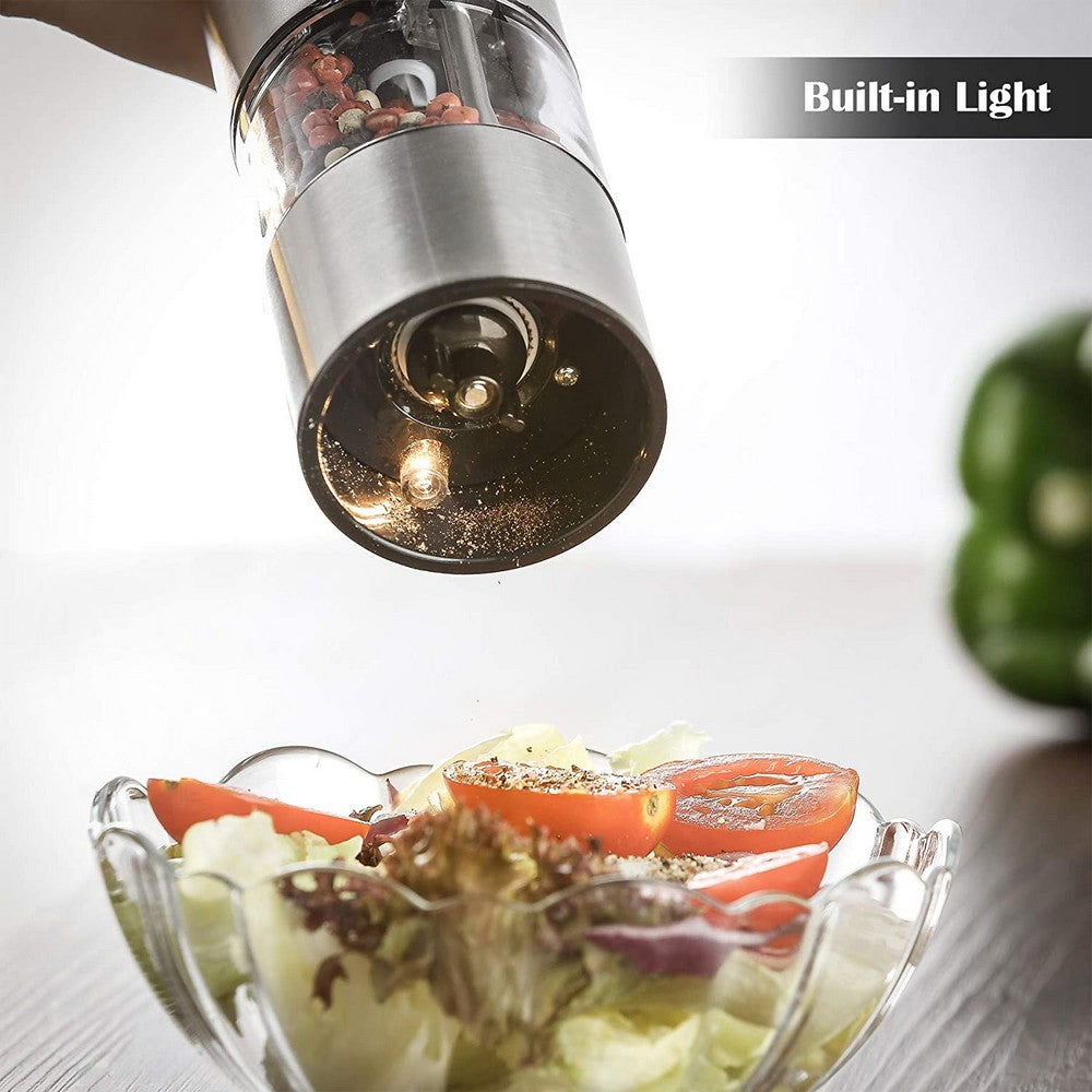 2 X Kitchen Electric Battery Operated Stainless Steel Salt Pepper Grinder One Handed Operated Spice Mill with LED light and Adjustable Coarseness Levels