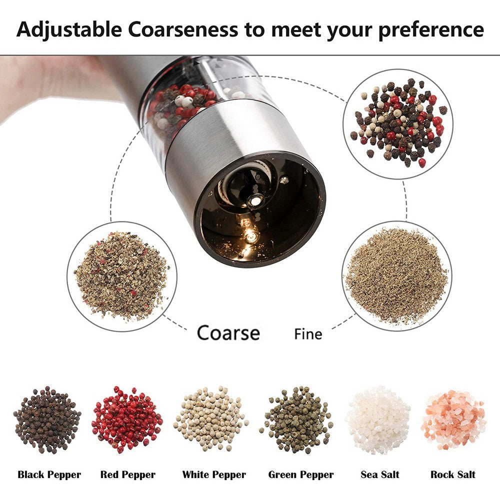 2 X Kitchen Electric Battery Operated Stainless Steel Salt Pepper Grinder One Handed Operated Spice Mill with LED light and Adjustable Coarseness Levels