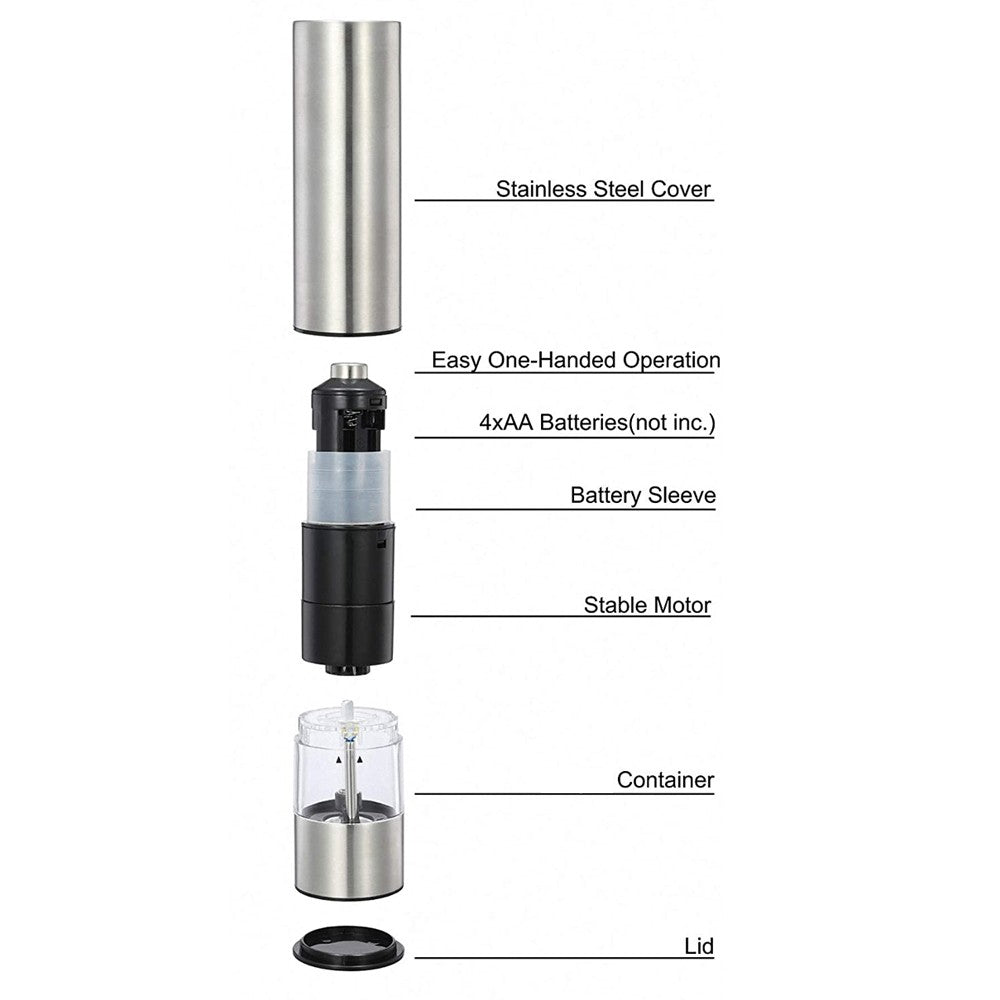 2 X Kitchen Electric Battery Operated Stainless Steel Salt Pepper Grinder One Handed Operated Spice Mill with LED light and Adjustable Coarseness Levels