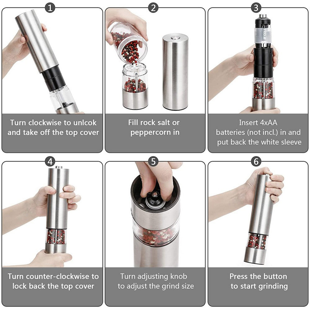 2 X Kitchen Electric Battery Operated Stainless Steel Salt Pepper Grinder One Handed Operated Spice Mill with LED light and Adjustable Coarseness Levels