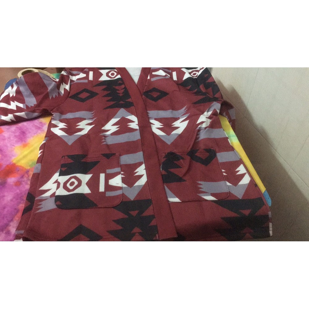 Women Geometric Pattern Open Front Long Sleeve Pocketed Cardigan Red